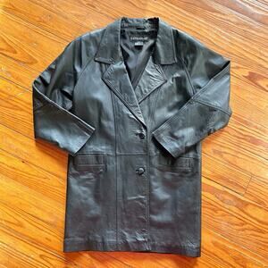 VINTAGE Black Leather Jacket Mens Size M- Longline/Midlength Coat 90s Style
